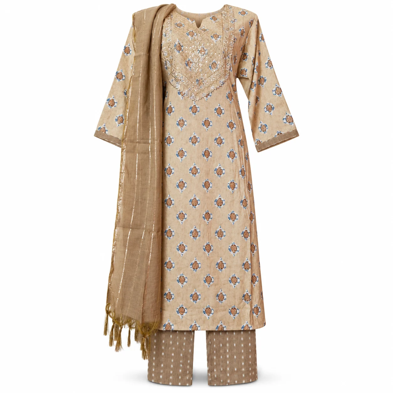 Beige Printed Three-Piece Kurta Set