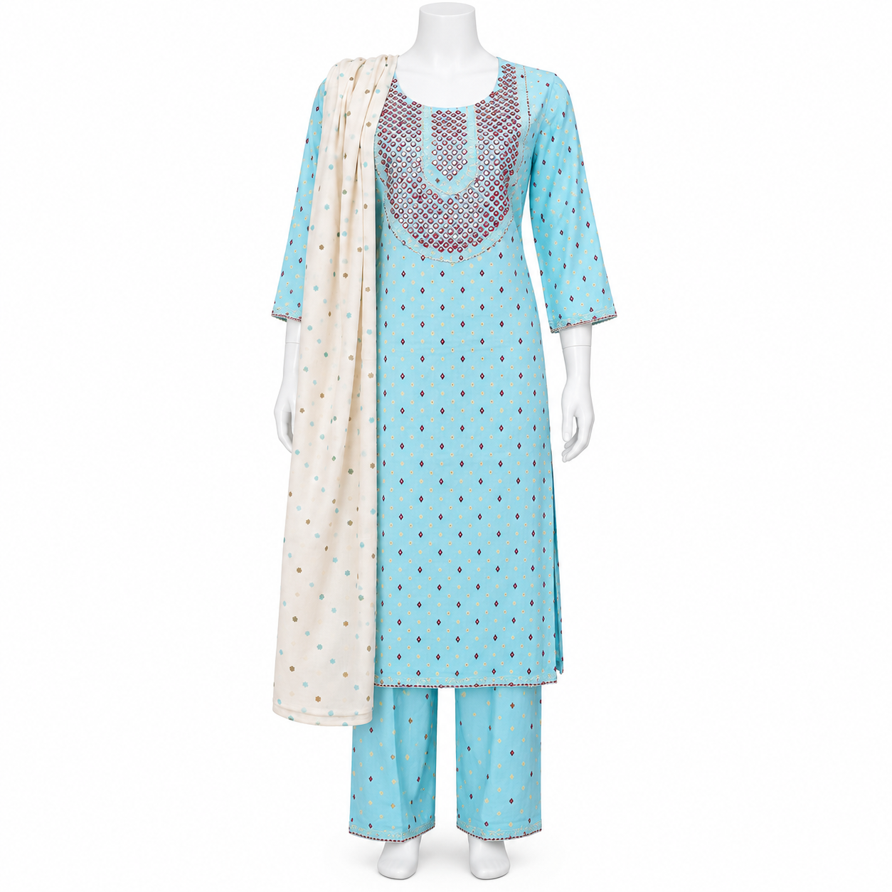 Sky Blue Mirror-Work Kurtha Set