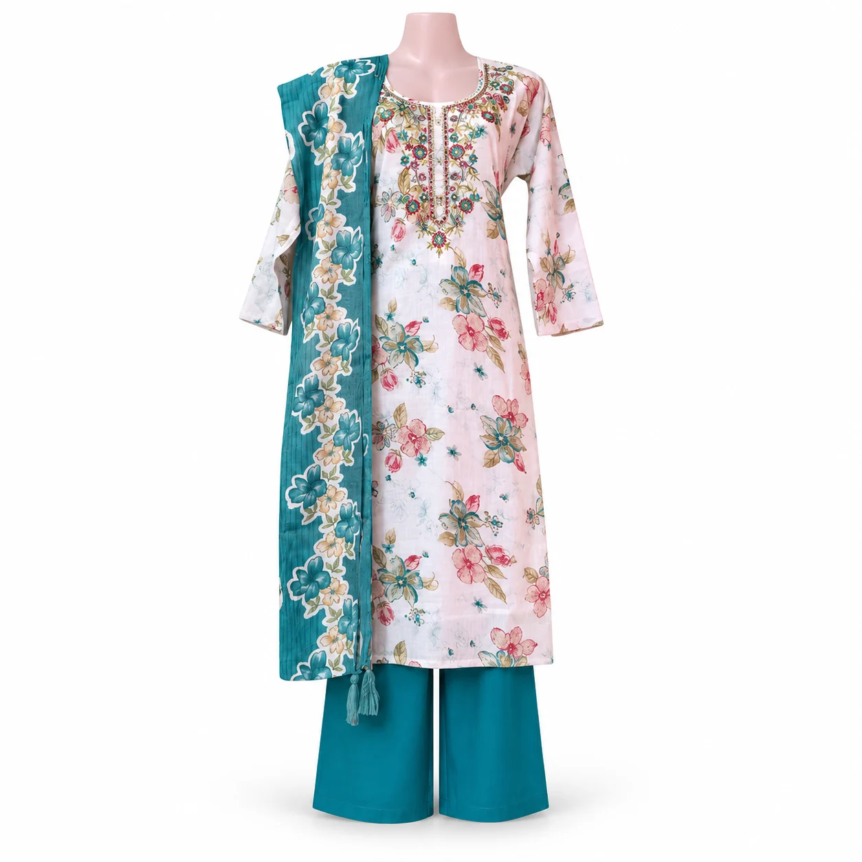 Floral Kurta Set with Teal Trousers & Dupatta