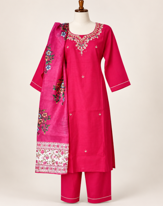 Ladies Cotton Kurtha Suruwal Set with Dupatta