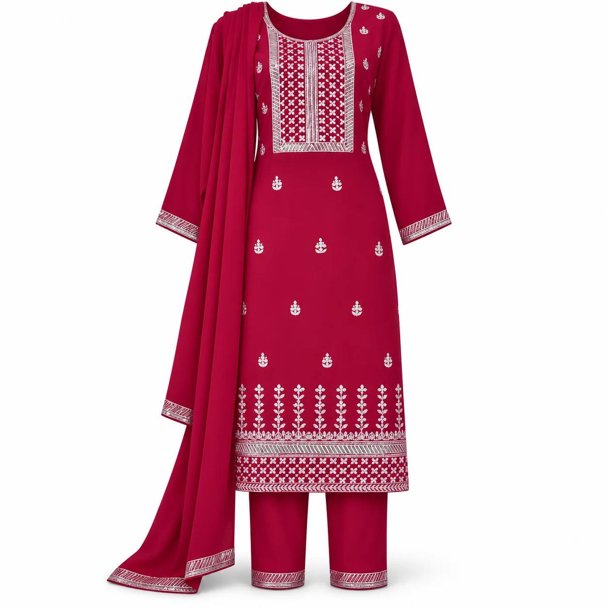 Forest Green and Red Embroidered Three-Piece Kurta Set