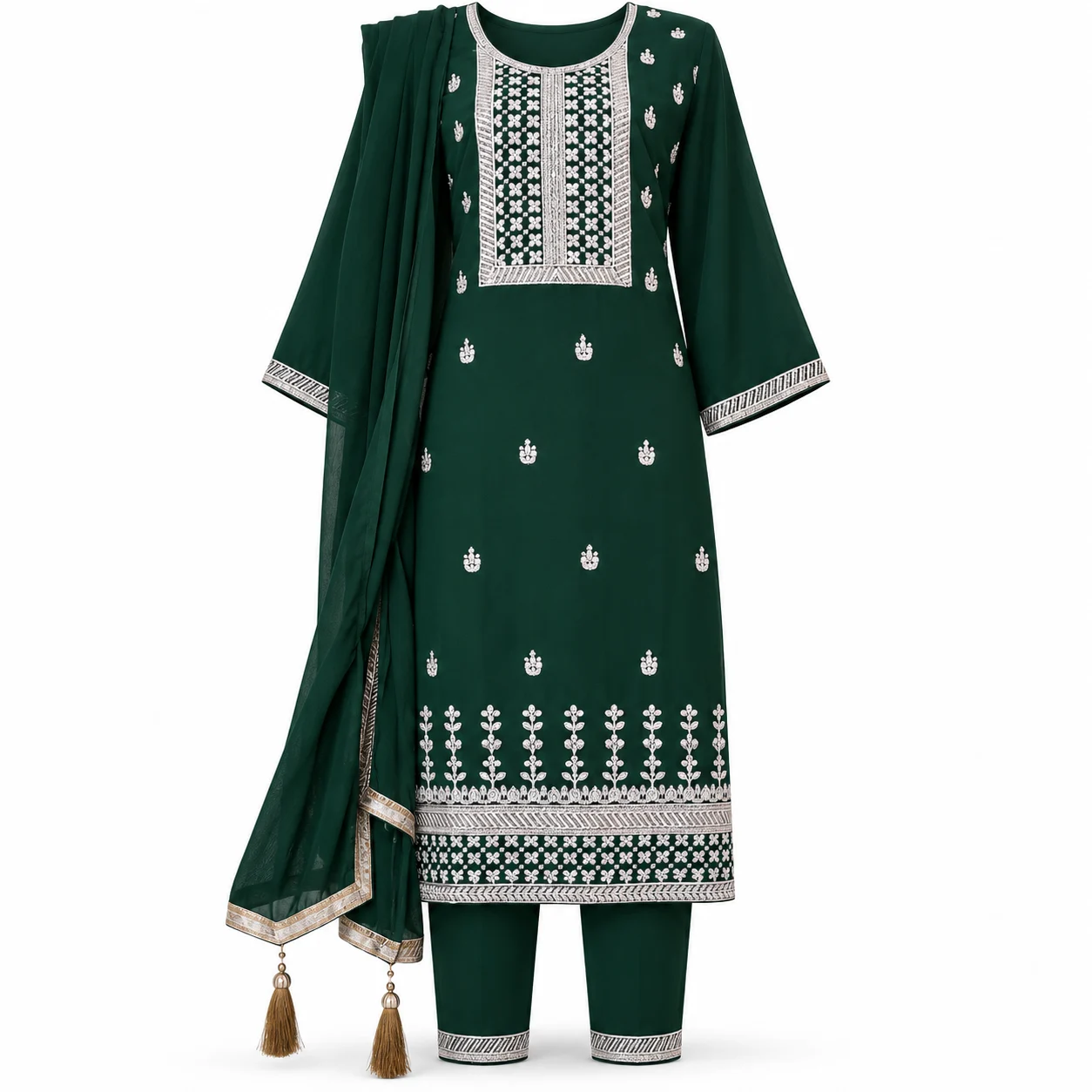 Forest Green and Red Embroidered Three-Piece Kurta Set