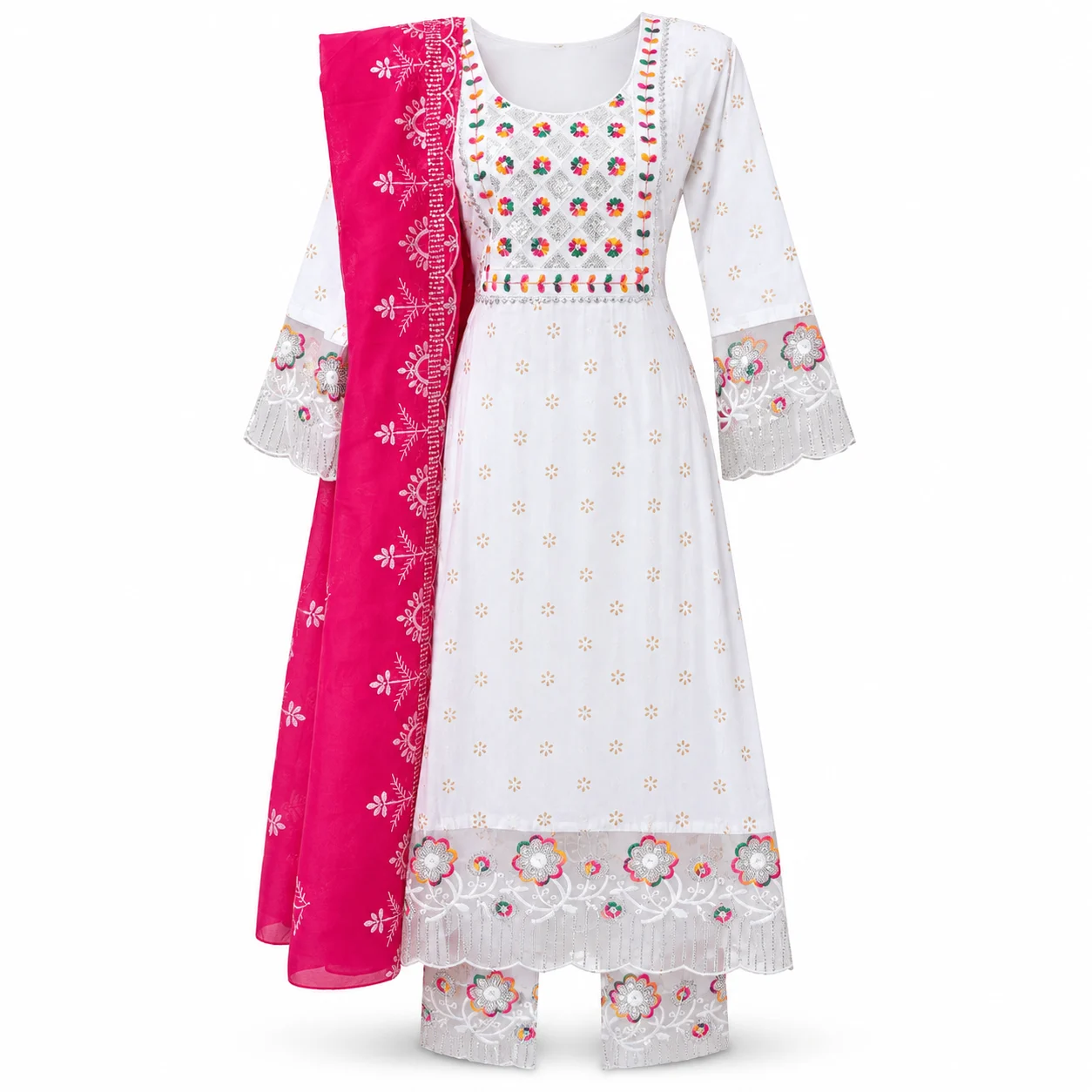 White Embroidered Kurta with Pink Dupatta