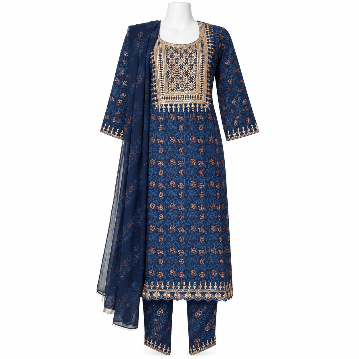 Navy Blue Embroidered Kurtha Set