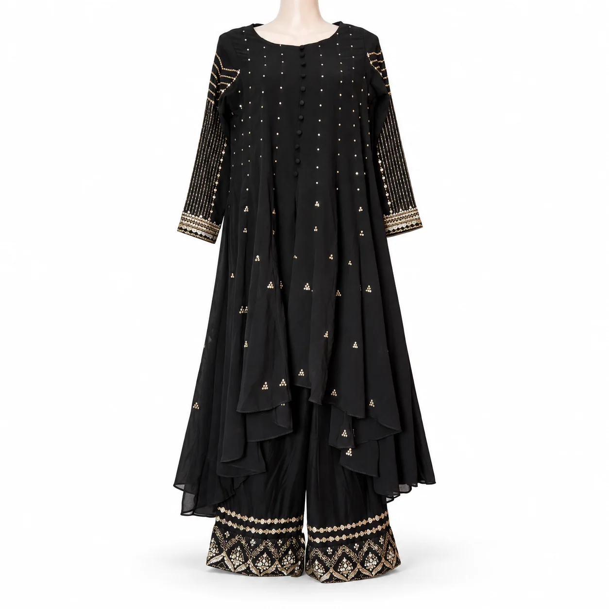 Black Layered Kurta Set with Gold Embellishments
