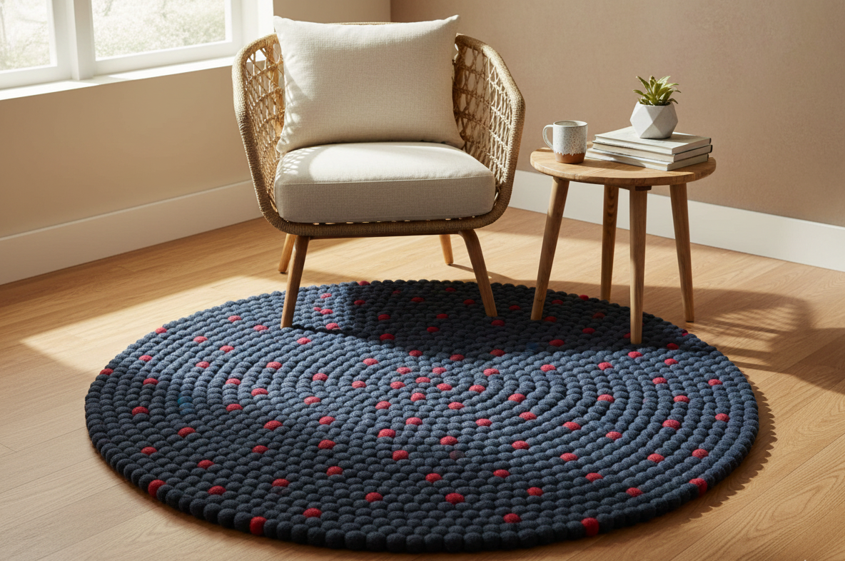 Handmade Navy Blue Wool Felt Ball Rug - 100cm Round Carpet | 100% New Zealand Wool | Eco-Friendly & Reversible