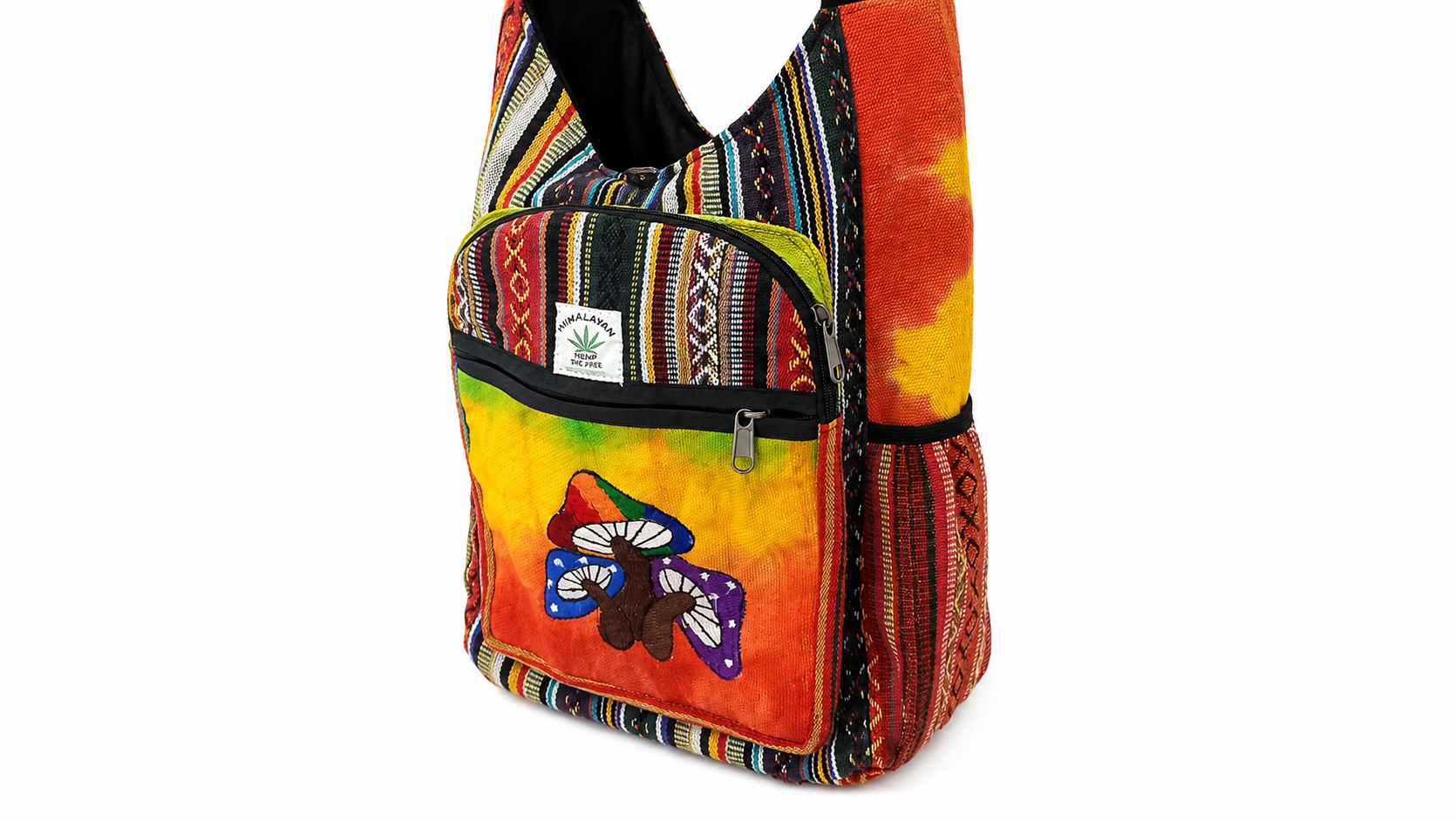 Himalayan Handmade Hemp Crossbody Sling Bag - Vibrant Mushroom Embroidery Tie Dye Boho Shoulder Bag