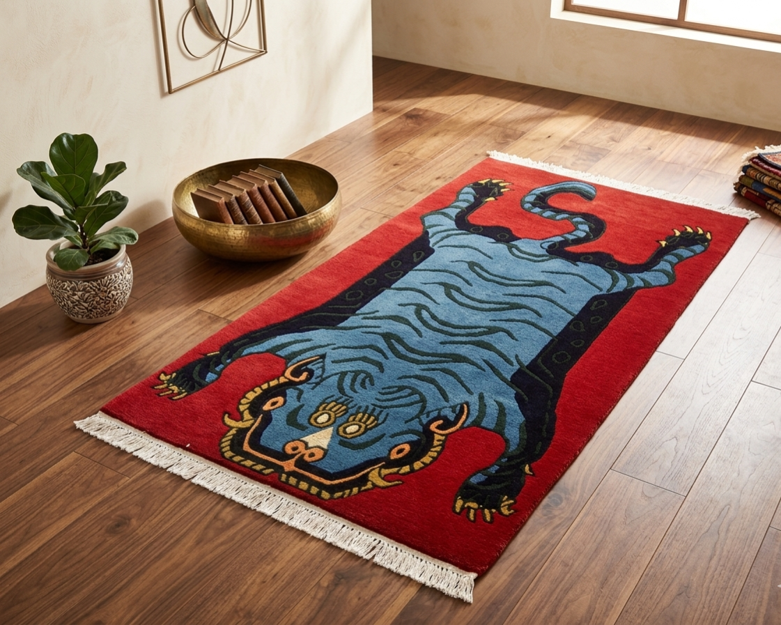 Nepali Hand-Knotted Tibetan Tiger Rug - Premium Red Woolen Carpet (60 Knots, 90x190 cm) for Living Room, Meditation & Yoga Mat