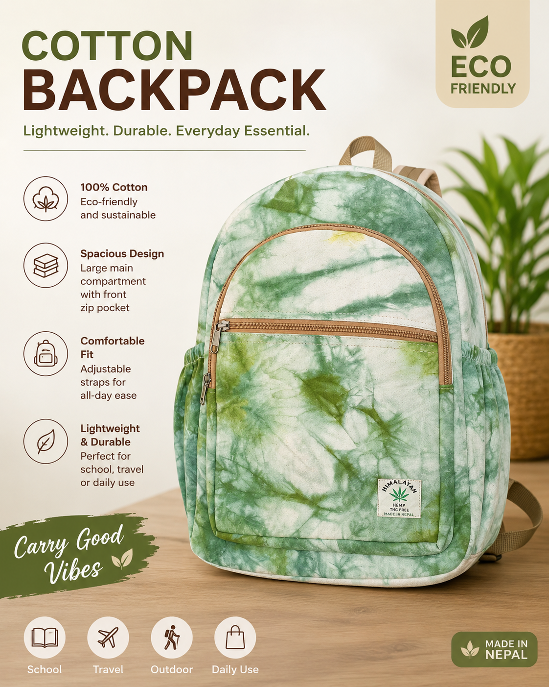 Eco-Friendly Handmade Cotton Backpack | Unisex Sustainable Travel, School & College Bag | Made in Nepal