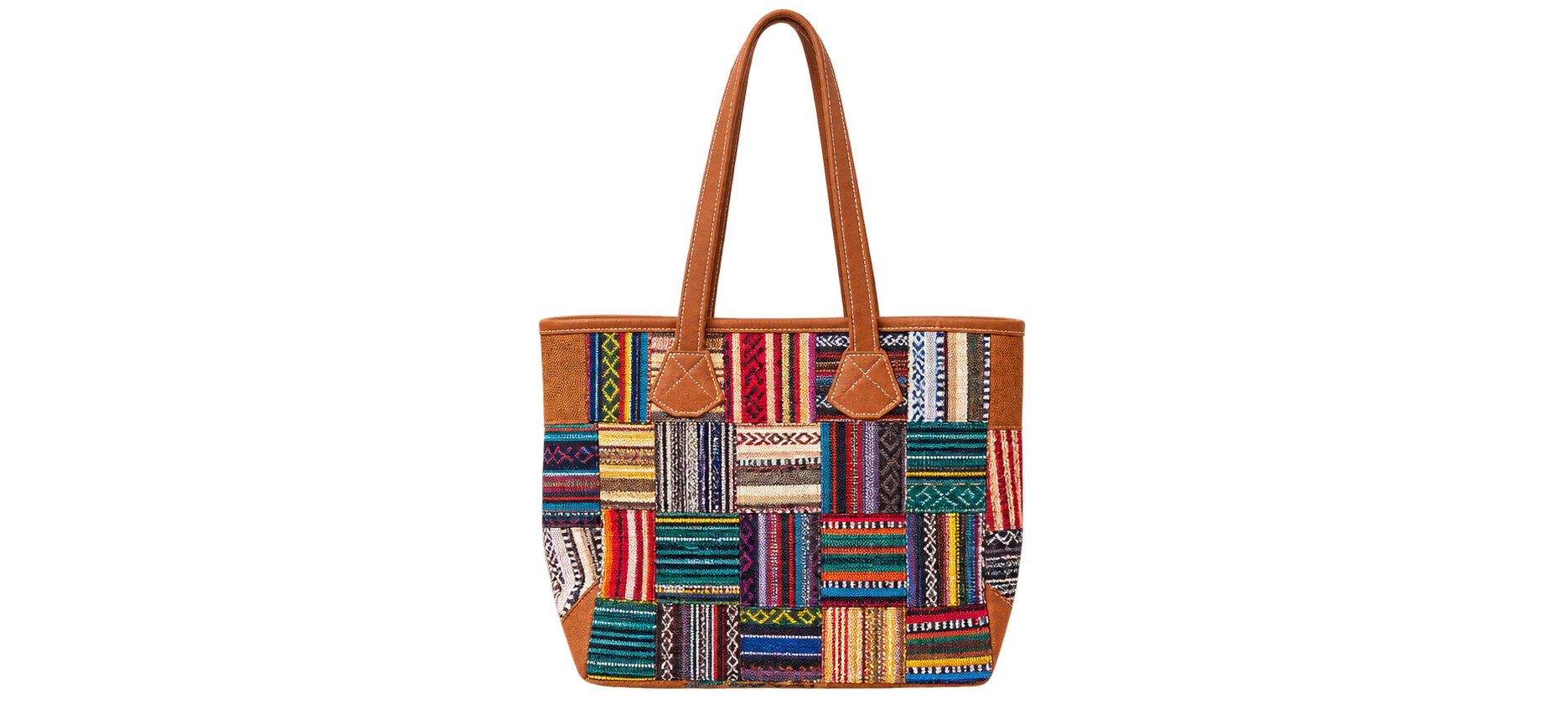 Multicolor Women's Woven Cotton & Leather Patchwork Shoulder Tote Bag – Casual Daily Handbag with Zipper Closure
