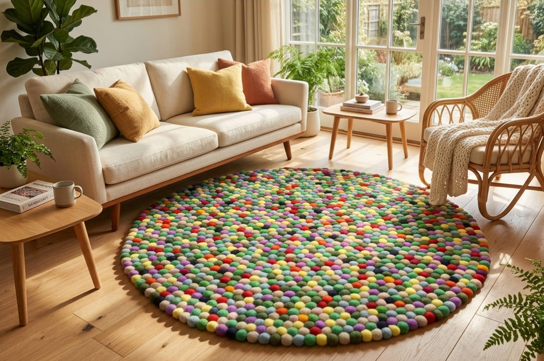 Hand-Felted Green Ball Rug | 100cm Round | Pure Wool Nepali Craftsmanship | Brand New Home Decor