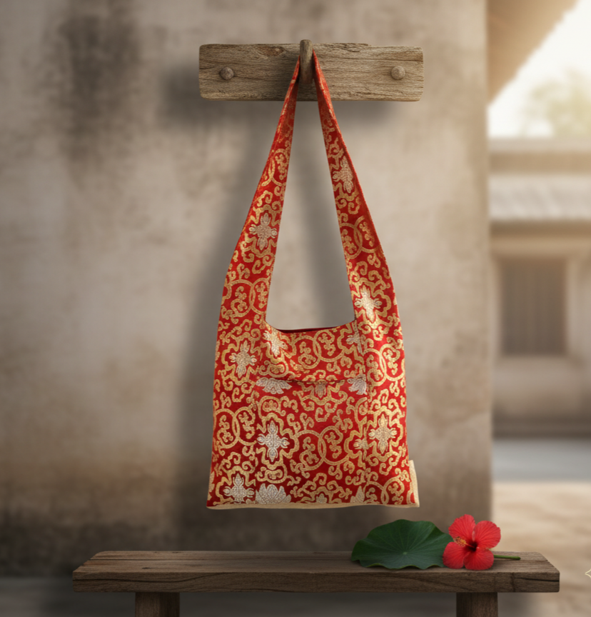 Lightweight Luxury: The Red Brocade Side Carry Bag