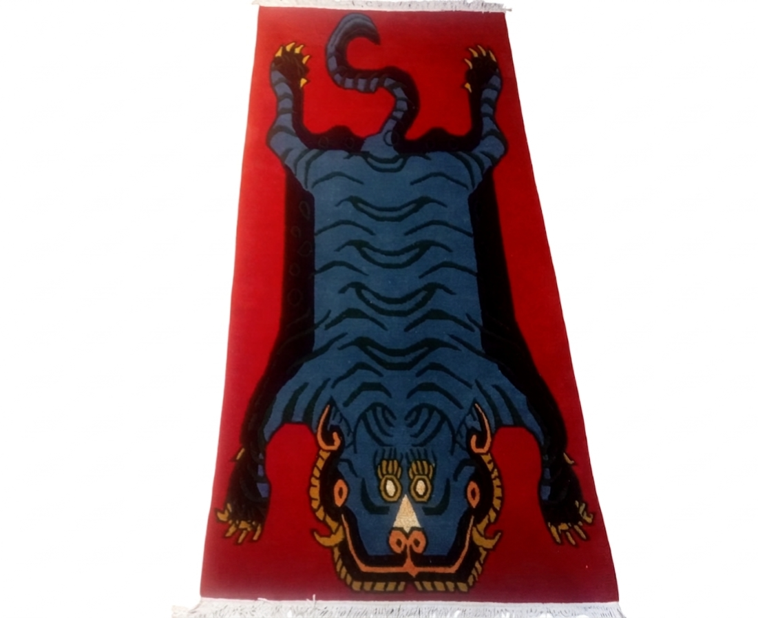 Nepali Hand-Knotted Tibetan Tiger Rug - Premium Red Woolen Carpet (60 Knots, 90x190 cm) for Living Room, Meditation & Yoga Mat