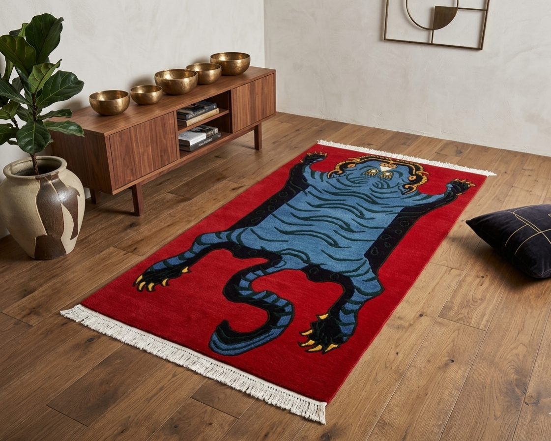 Nepali Hand-Knotted Tibetan Tiger Rug - Premium Red Woolen Carpet (60 Knots, 90x190 cm) for Living Room, Meditation & Yoga Mat