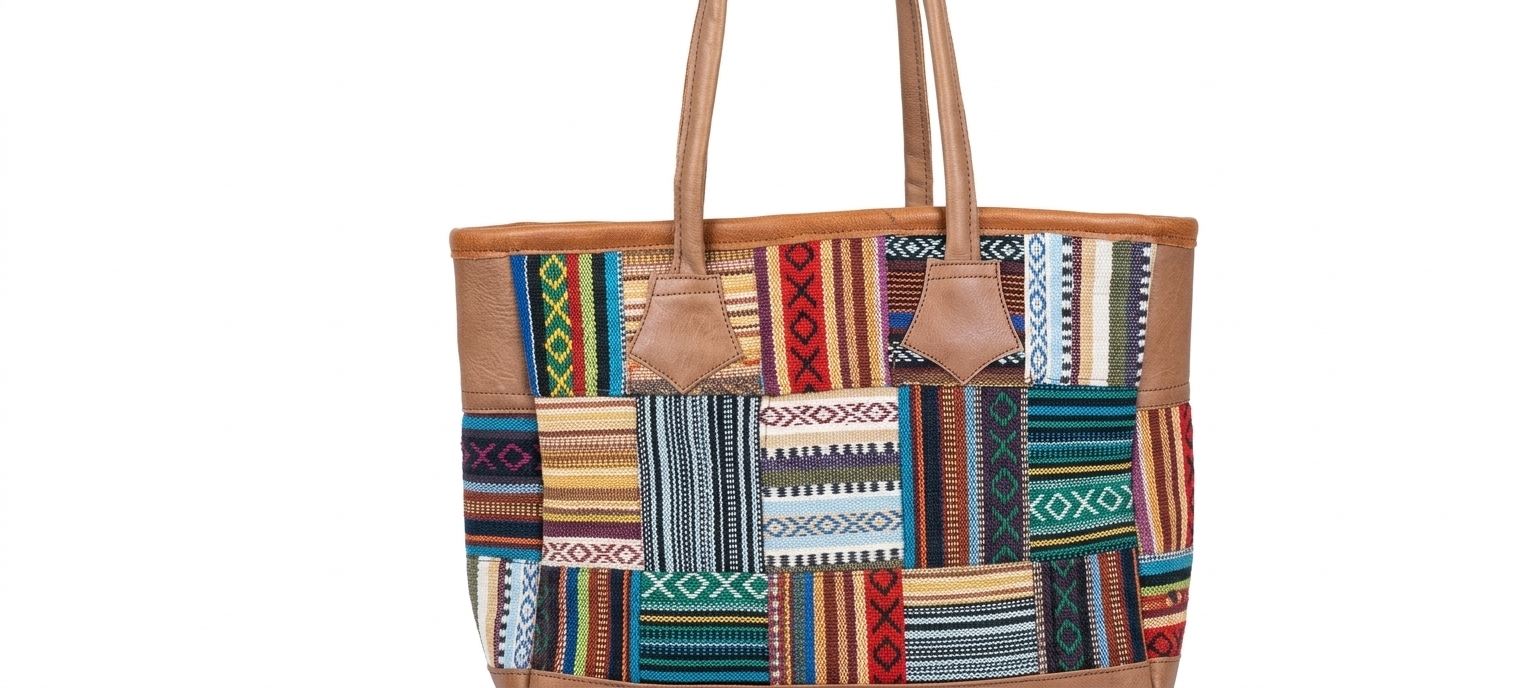 Multicolor Women's Woven Cotton & Leather Patchwork Shoulder Tote Bag – Casual Daily Handbag with Zipper Closure