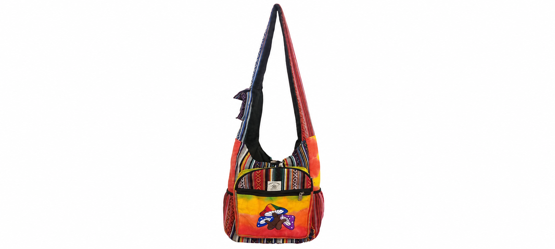 Himalayan Handmade Hemp Crossbody Sling Bag - Vibrant Mushroom Embroidery Tie Dye Boho Shoulder Bag