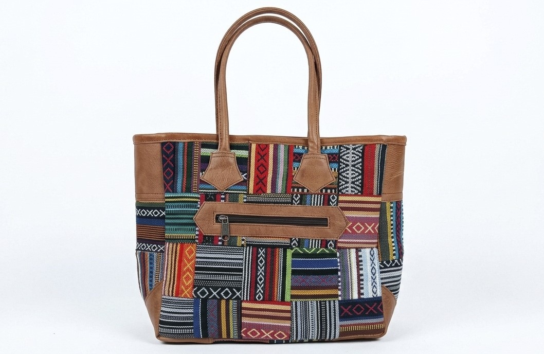 Multicolor Women's Woven Cotton & Leather Patchwork Shoulder Tote Bag – Casual Daily Handbag with Zipper Closure