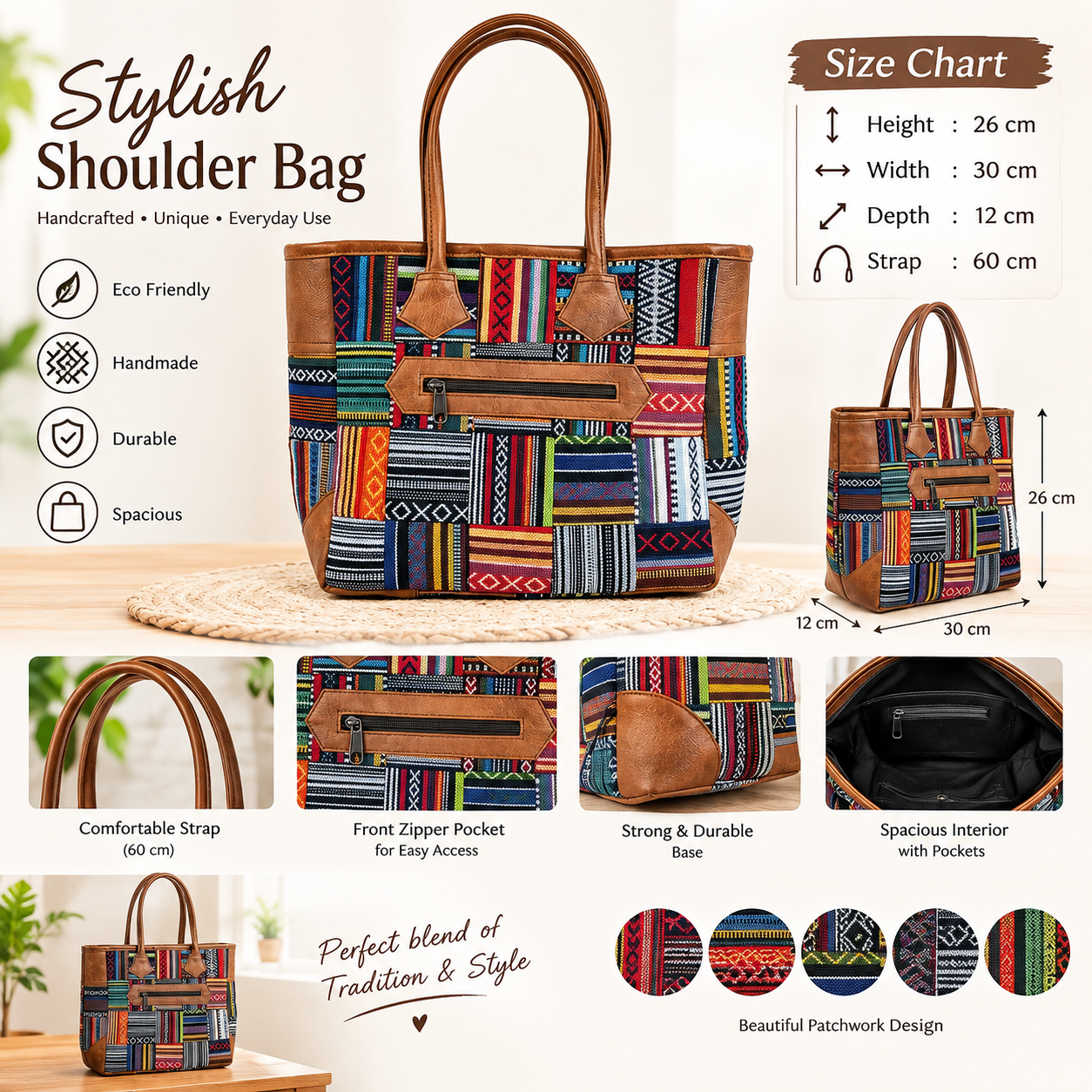 Multicolor Women's Woven Cotton & Leather Patchwork Shoulder Tote Bag – Casual Daily Handbag with Zipper Closure