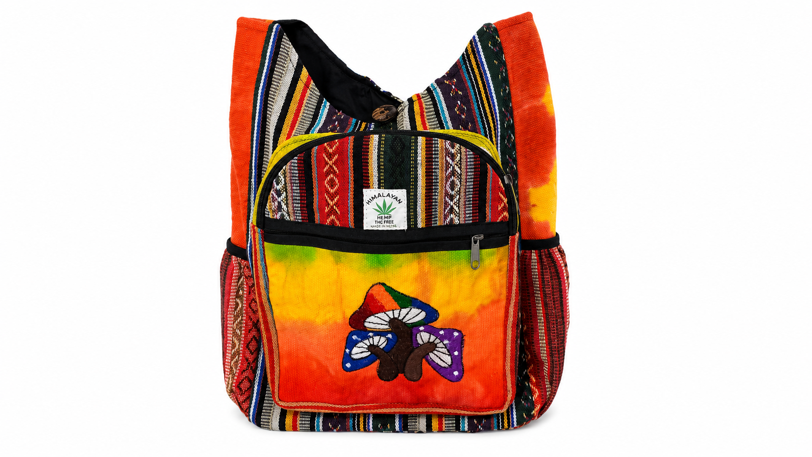 Himalayan Handmade Hemp Crossbody Sling Bag - Vibrant Mushroom Embroidery Tie Dye Boho Shoulder Bag