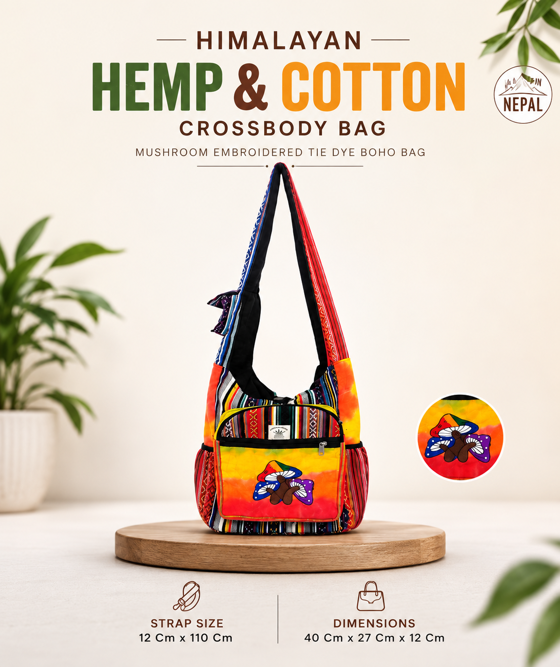 Himalayan Handmade Hemp Crossbody Sling Bag - Vibrant Mushroom Embroidery Tie Dye Boho Shoulder Bag