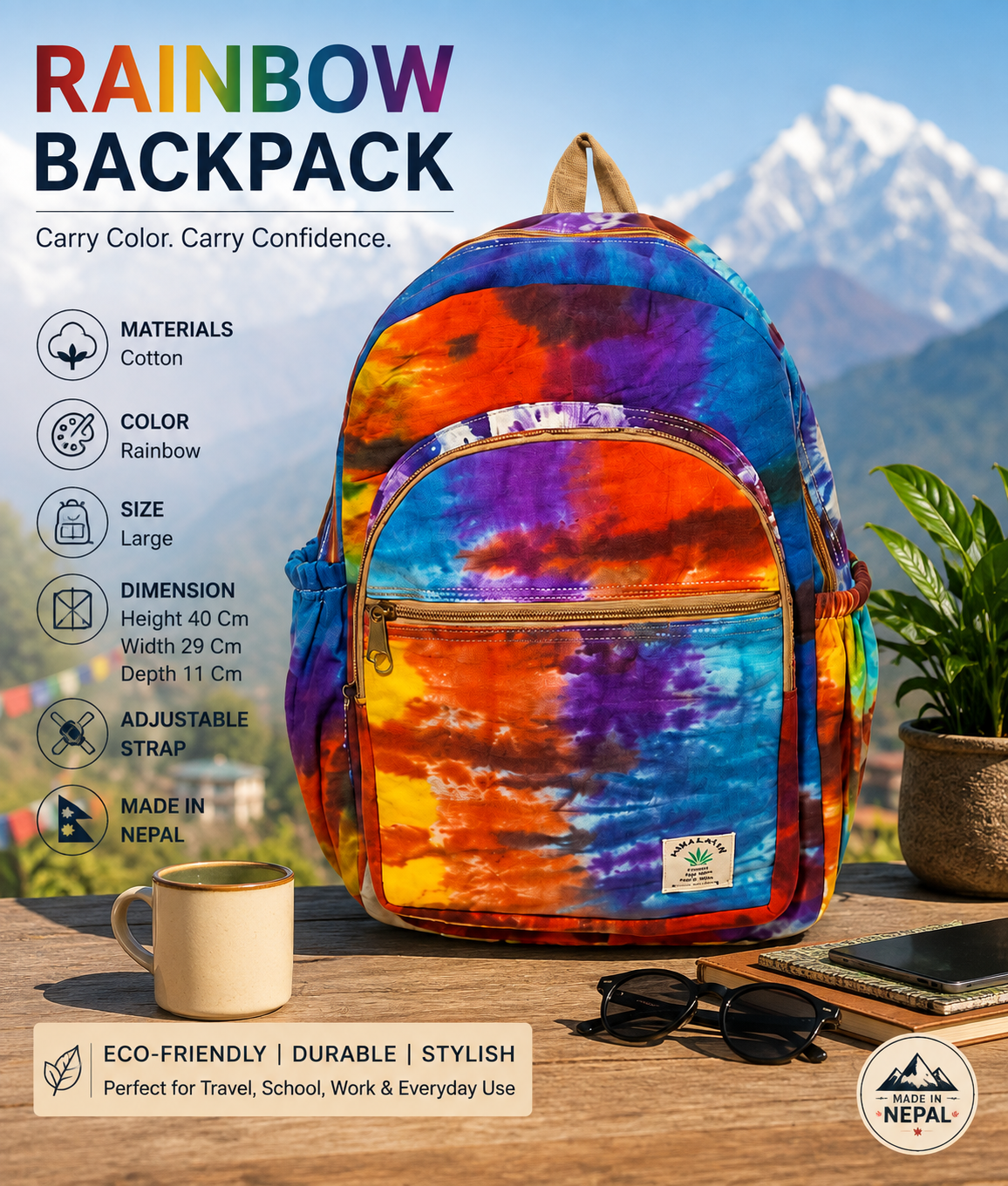 Eco-Friendly Handmade Cotton Backpack | Unisex Sustainable Travel, School & College Bag | Made in Nepal