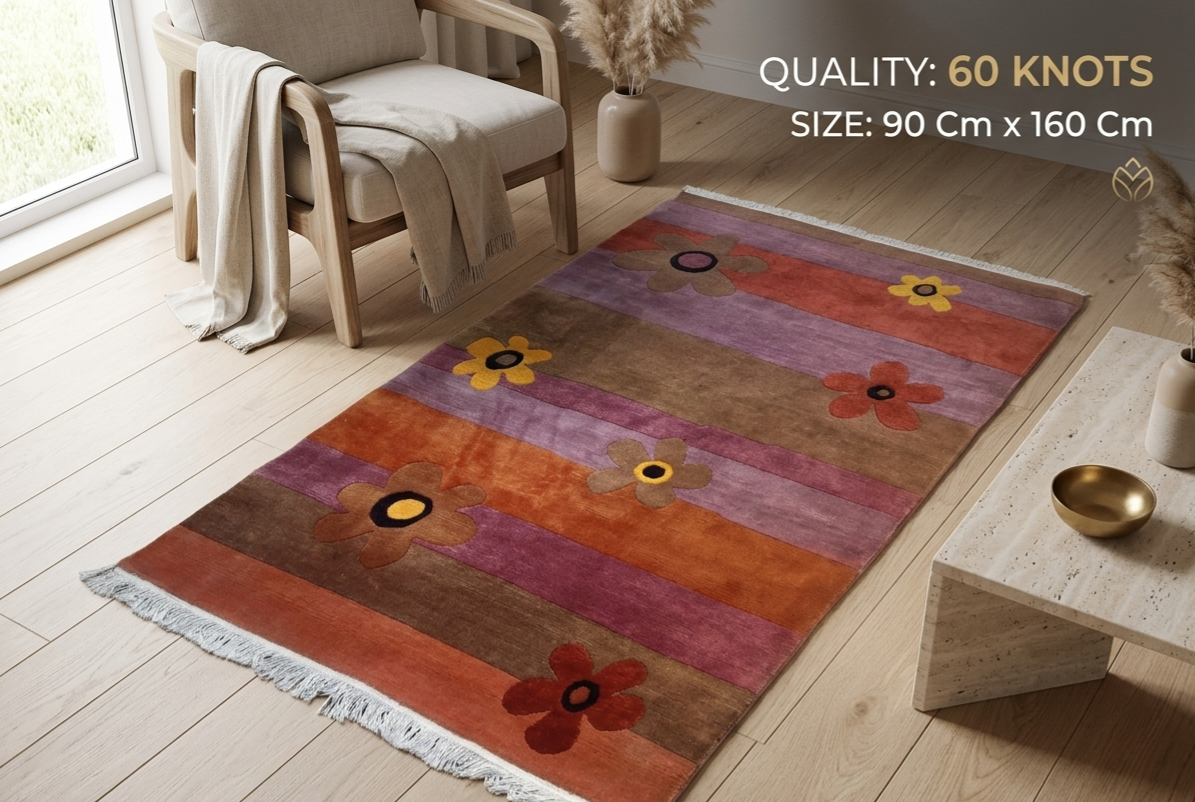 Hand-Knotted Nepali Woolen Carpet | Purple Floral Area Rug | 60 Knots (93x162 cm)