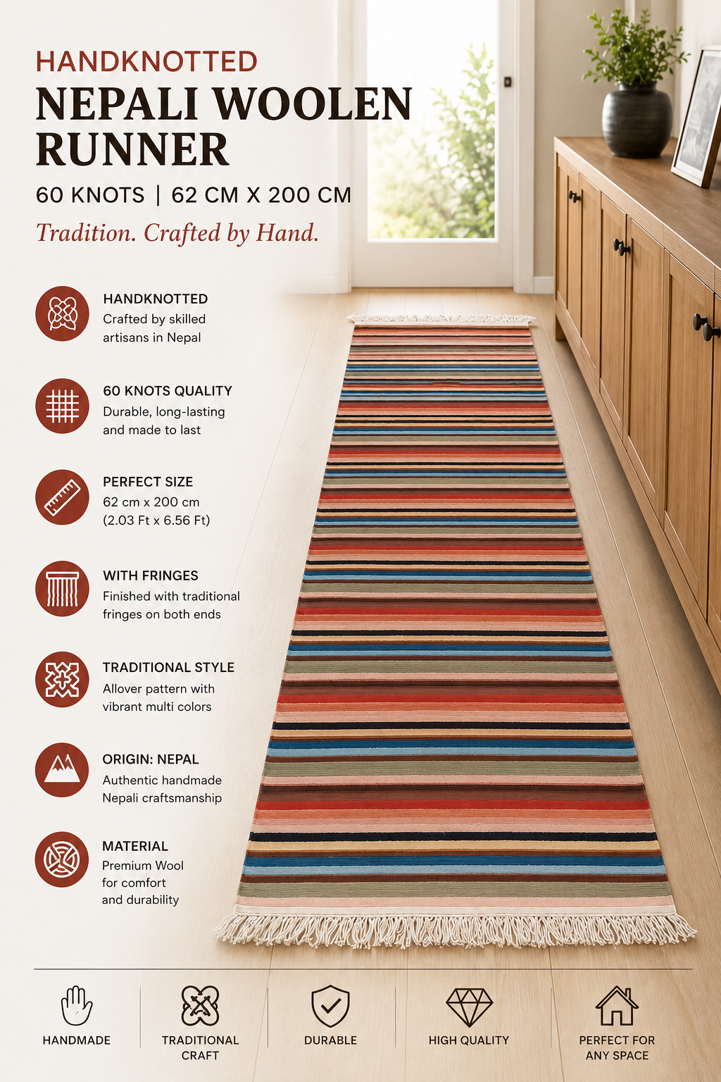 Premium Hand-Knotted Nepali Woolen Carpet Runner (60 Knots) - Traditional Allover Design Multicolor Rug for Hallway & Living Room (62cm x 200cm)