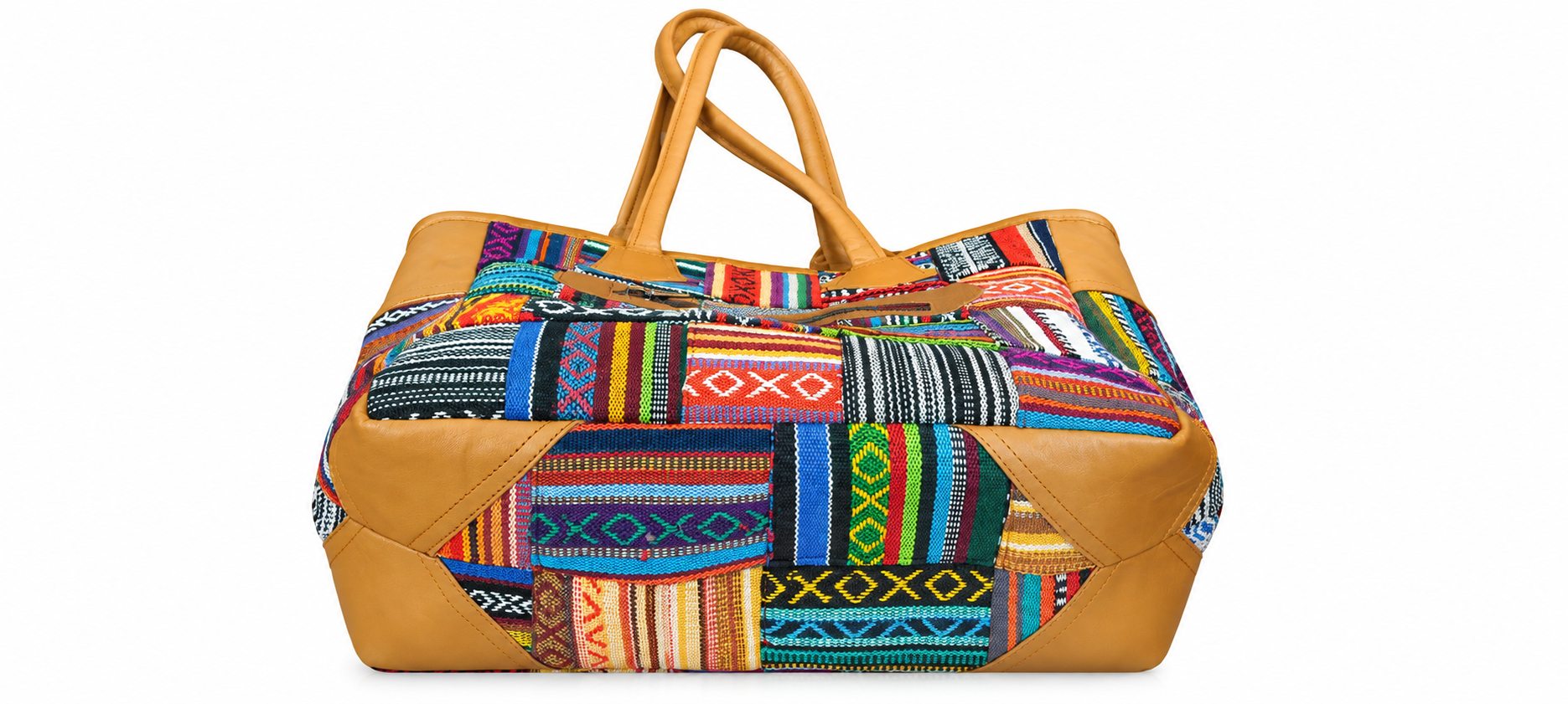 Multicolor Women's Woven Cotton & Leather Patchwork Shoulder Tote Bag – Casual Daily Handbag with Zipper Closure
