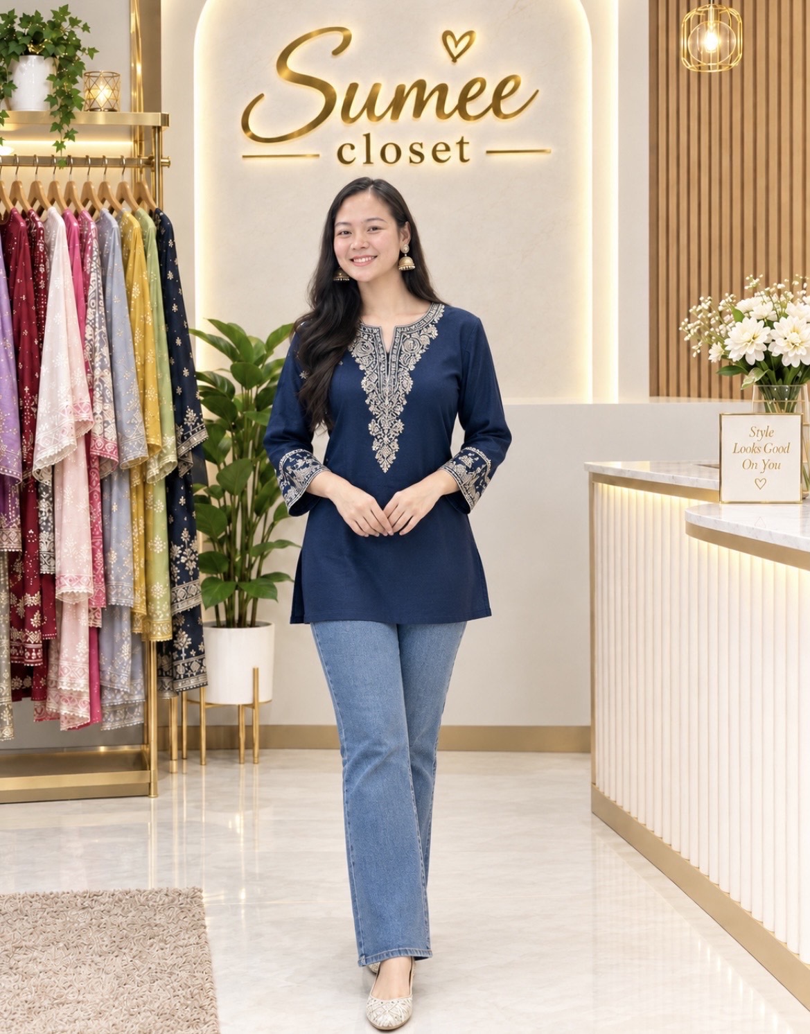 Elegant Navy Blue Embroidered Top