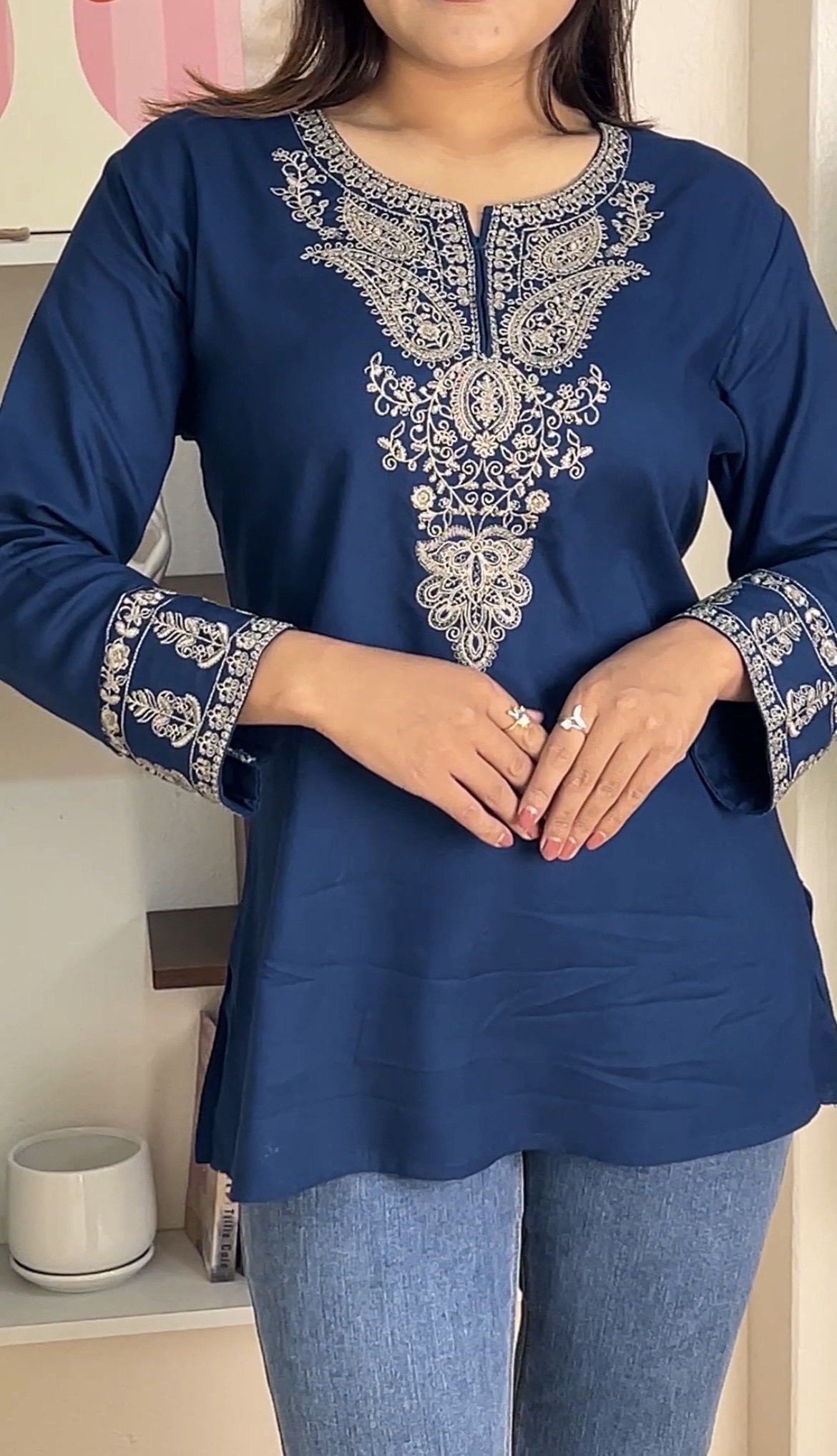 Elegant Navy Blue Embroidered Top