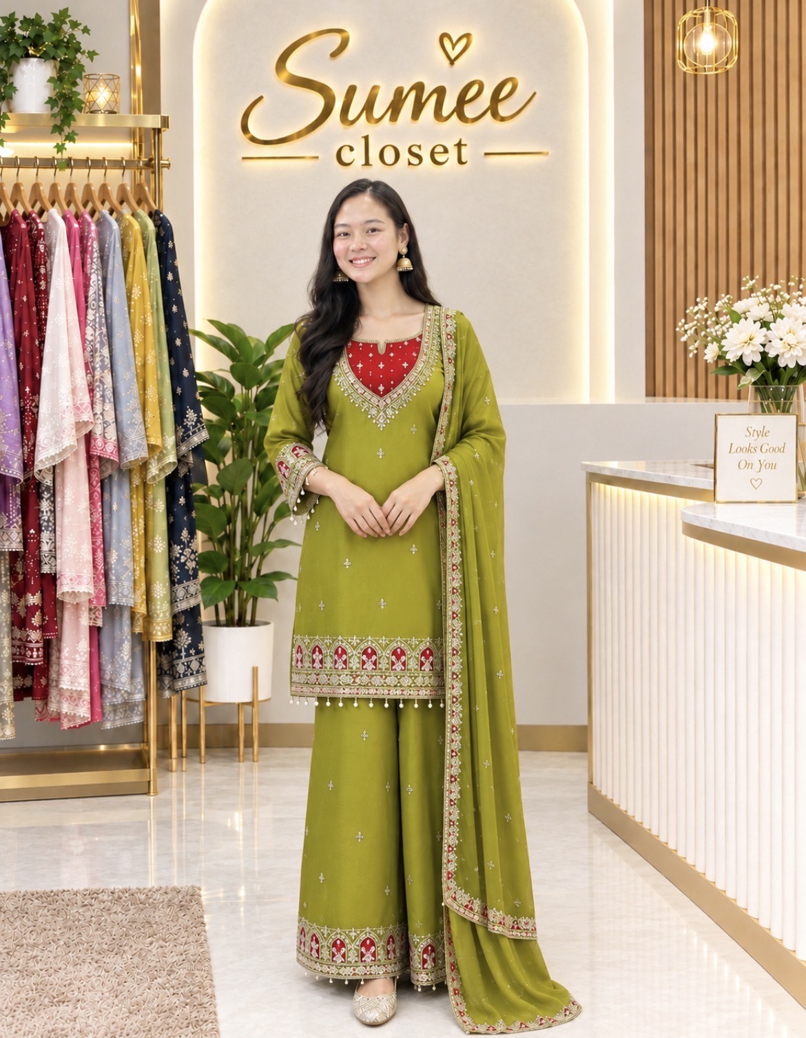 Olive Green Heavy Embroidered Kurta Sharara Set with Dupatta