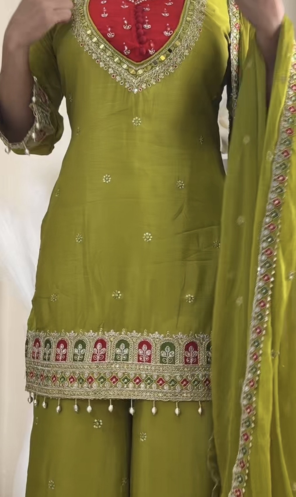 Olive Green Heavy Embroidered Kurta Sharara Set with Dupatta