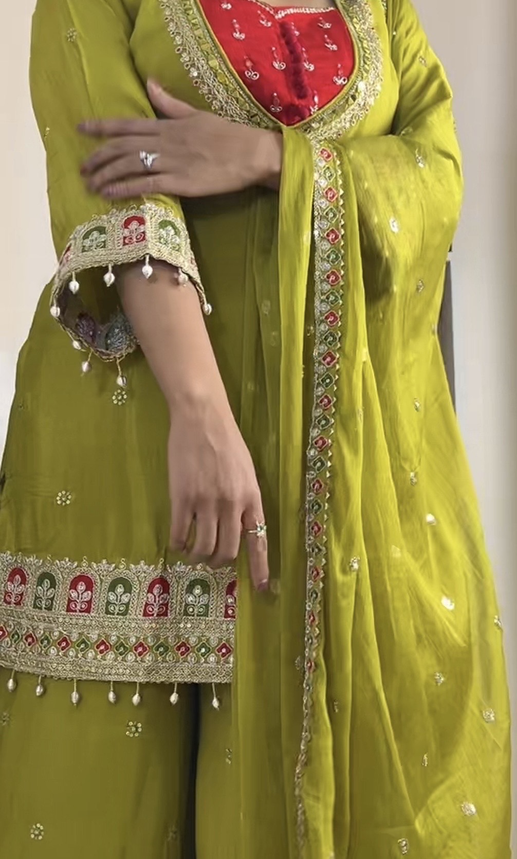 Olive Green Heavy Embroidered Kurta Sharara Set with Dupatta