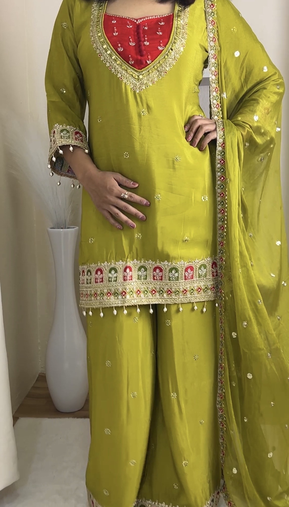 Olive Green Heavy Embroidered Kurta Sharara Set with Dupatta