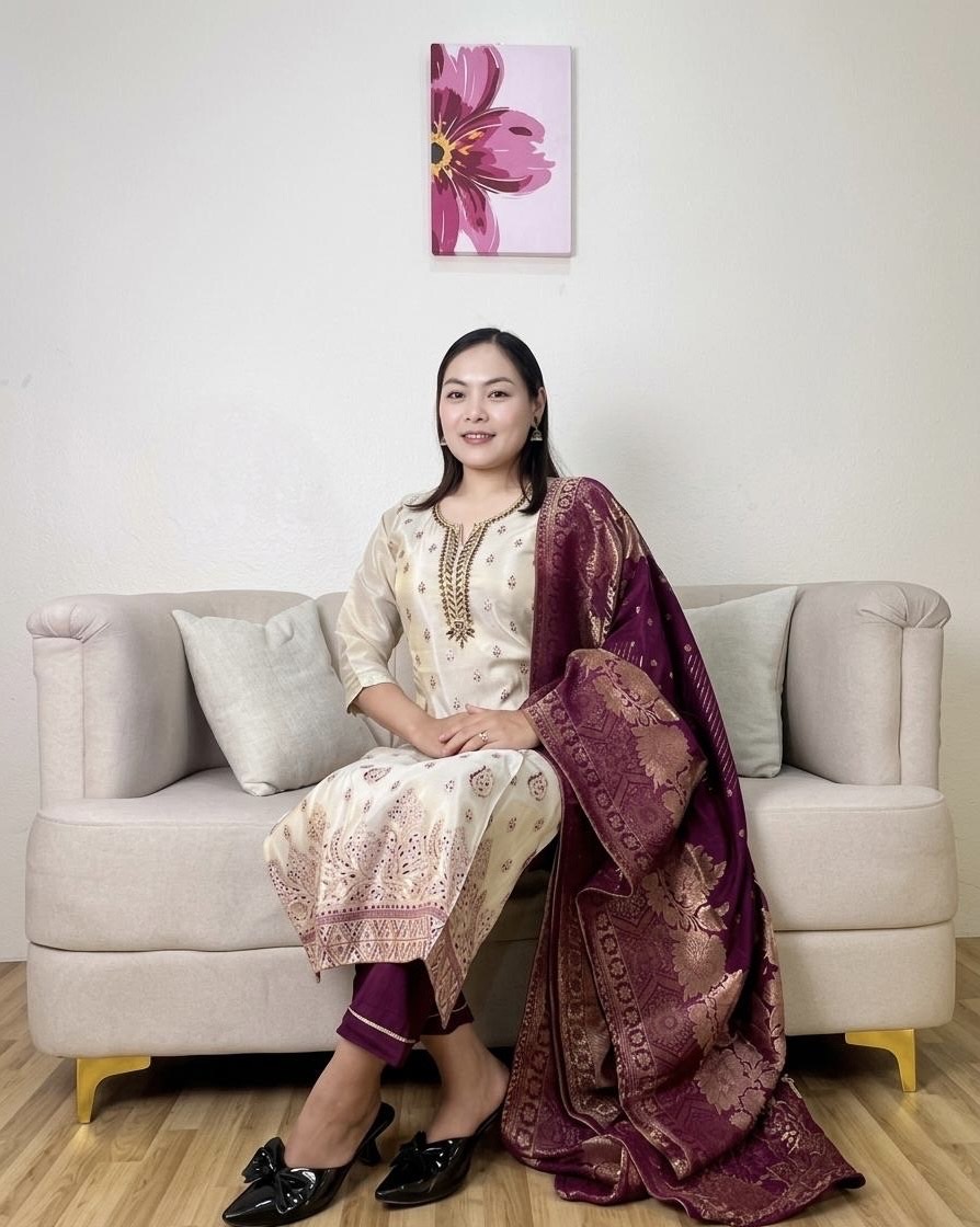 Premium Chanderi Silk Kurti Set with Banarasi Dupatta - Ivory & Wine