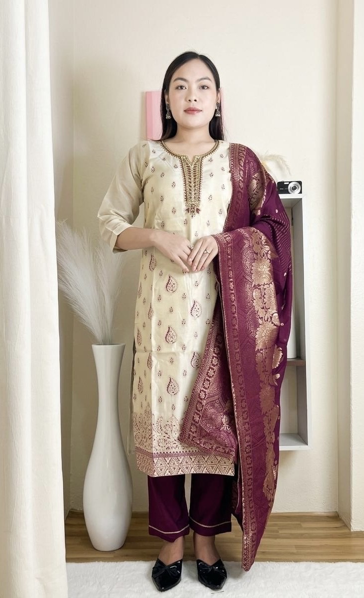 Premium Chanderi Silk Kurti Set with Banarasi Dupatta - Ivory & Wine