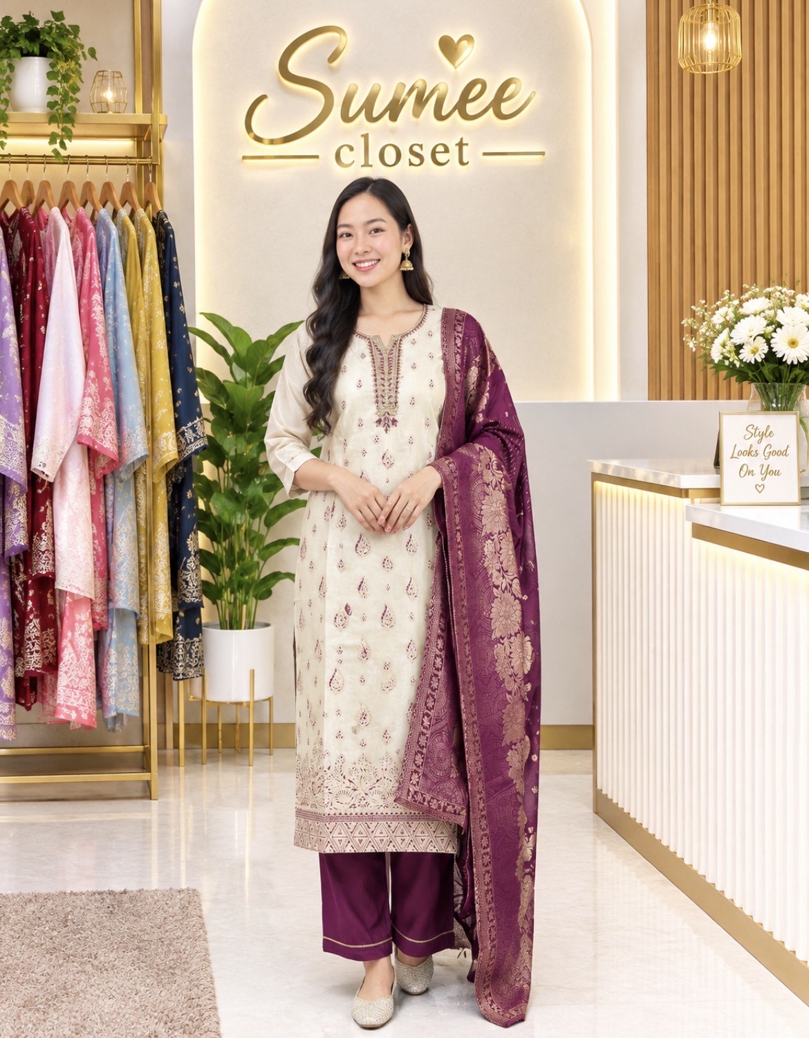 Premium Chanderi Silk Kurti Set with Banarasi Dupatta - Ivory & Wine