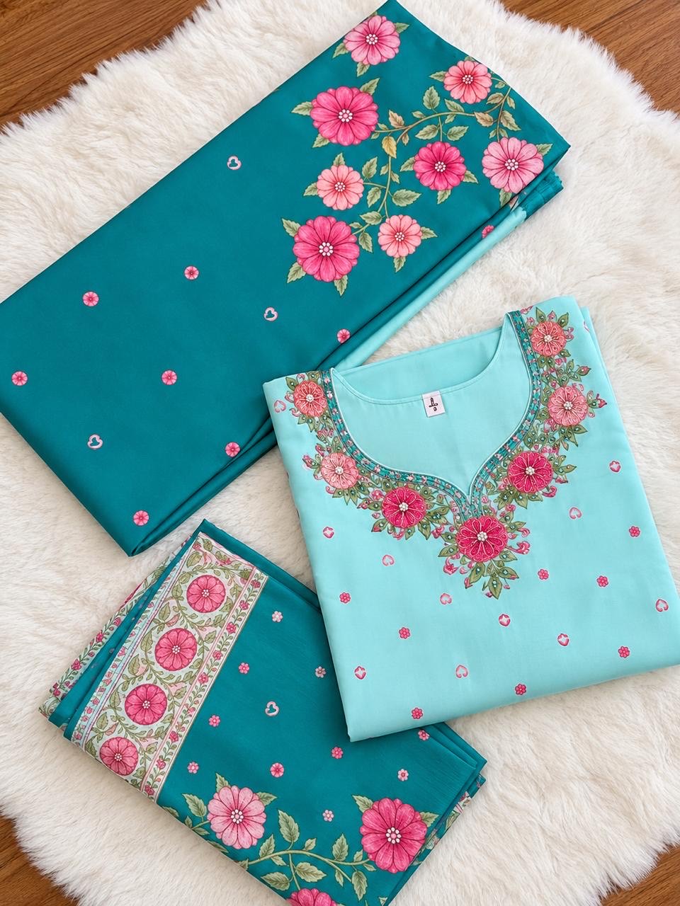 • Premium Chiffon Silk Ombre Kurtha Set with Palazzo & Dupatta - Turquoise Blue