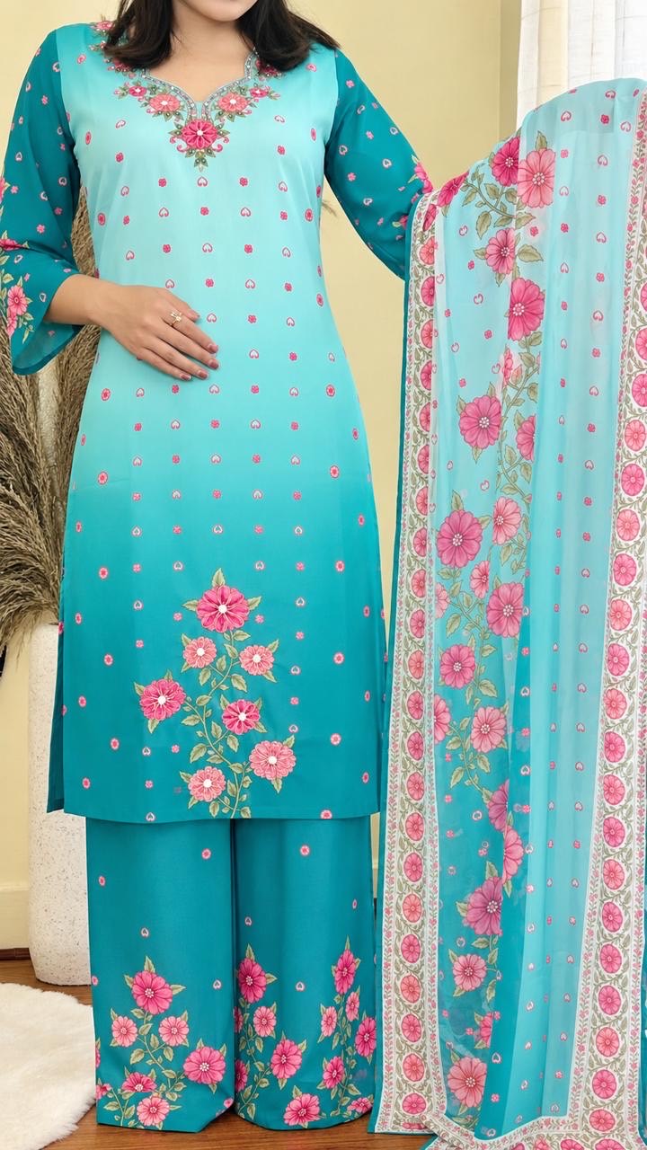 • Premium Chiffon Silk Ombre Kurtha Set with Palazzo & Dupatta - Turquoise Blue