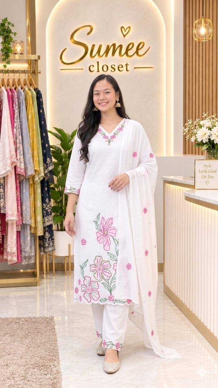 Premium White Cotton Kurta Set with Pink Floral Cutwork Embroidery (Size L Only)