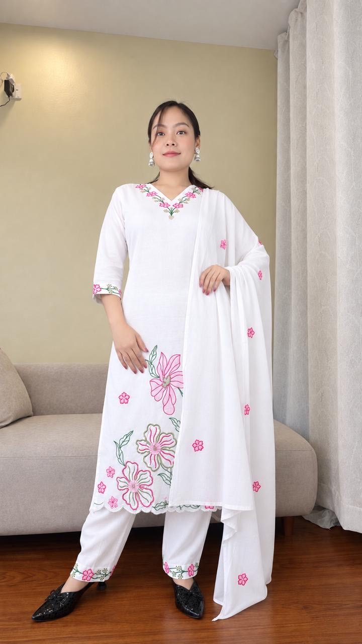 Premium White Cotton Kurta Set with Pink Floral Cutwork Embroidery (Size L Only)